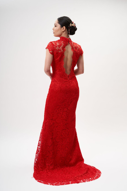 Auckland, NZ wedding dress, gown.  Tea Ceremony Modern Sexy Open Backless, Back Floral Lace, Red Dress, A Line Cheongsam, Qipao. Chinese Culture - Back View