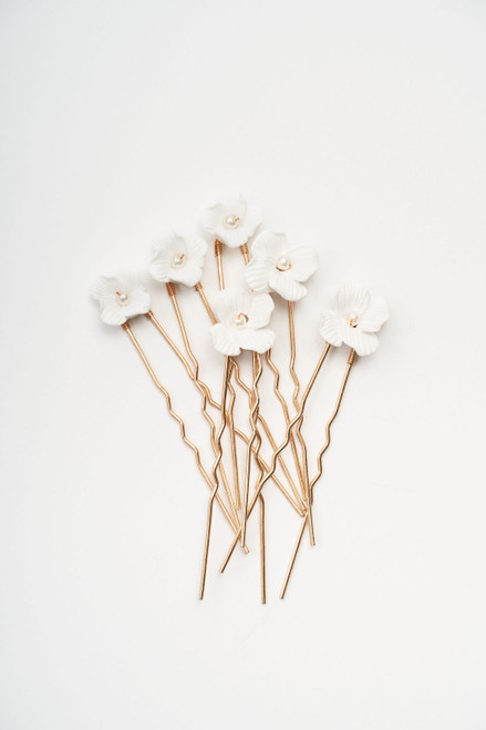 Flower, Floral Faux Hairpins with Pearl Beading - Gold. Wedding hair inspo, hairstyles, bridal wear, accessories, updo bun - Gold - Close Up