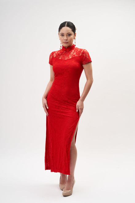 Auckland, NZ hire, rental, rent wedding gown dress.  Classic, Simple, Rose, Floral, Flower Red Dress for Tea Ceremony.  Chinese Culture Cheongsam, Qipao.  A-line.  Front