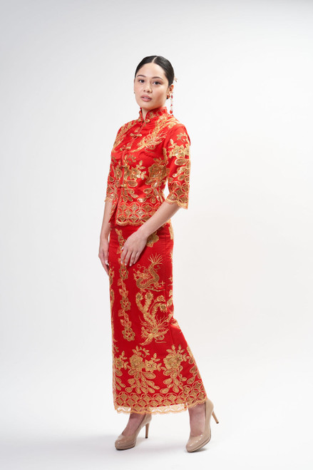 Auckland, NZ hire, rental rent wedding gown, dresses.  Tea ceremony traditional 2 piece phoenix, flower, floral gold & red Qun Kwa, Cheongsam, Qipao - Front View