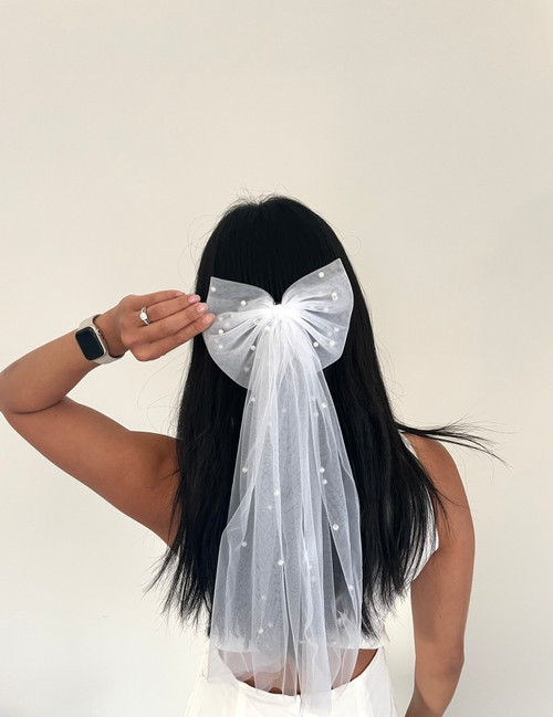 Auckland, NZ.  Cute White Ivory Pearl Bow Tie Veil.  Hens party ideas, bachelorette accessories - Full View