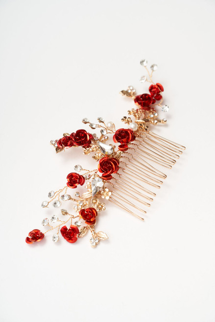 Auckland, NZ. Red & Gold, Flower, Floral & Leaf Rose Haircomb - Wedding Hairstyle, Bridal Accessories