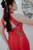 Backless red qipao dress with diamond cutout back and floral embroidery