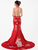 Full back view of red satin mermaid cheongsam with cathedral train featuring white peacock and floral embroidery – Bridal Fusion NZ