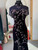 Full front view of deep plum velvet cheongsam with pink sequin and silver bead floral embroidery and sheer illusion cap sleeves – Bridal Fusion NZ