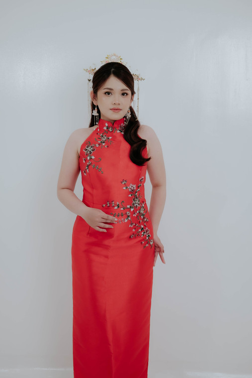 Red cheongsam qipao wedding dress with 3D floral embroidery, Bridal Fusion NZ