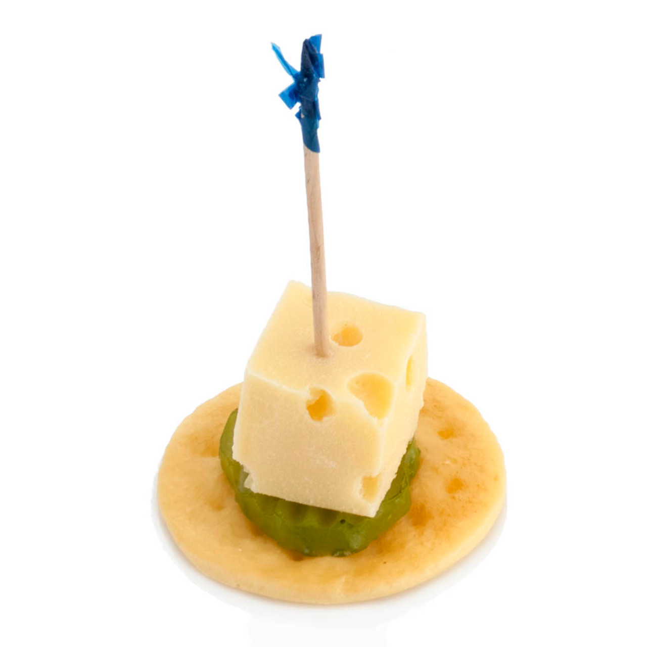 Fake Swiss Cheese Cube & Pickle Slice on Cracker