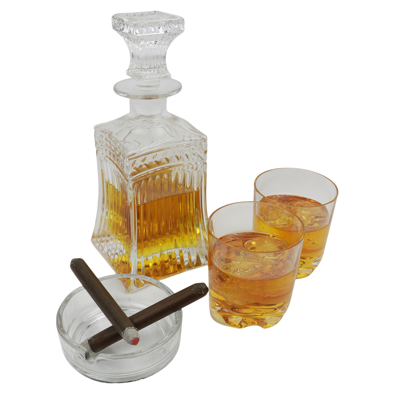 Crystal Whiskey/Brandy Decanter with a pair of Brandy Snifters and Cigars  on Ashtray