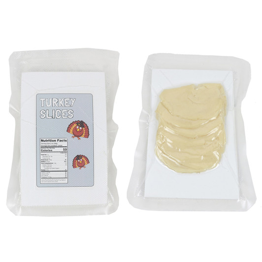 Front and Back Sliced Turkey in a vacuum sealed package bag with label.