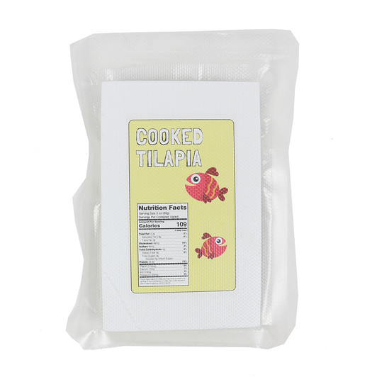 Front Cooked Tilapia in a vacuum sealed package bag with label.