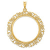 14k Yellow Gold Polished Textured and Diamond-cut Victorian-Style 37.0mm Prong Coin Bezel Pendant