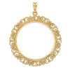 14k Yellow Gold Polished Textured and Diamond-cut Victorian-Style 39.5mm Prong Coin Bezel Pendant