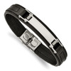 8.25" Stainless Steel Polished Black Leather ID Bracelet