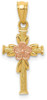 14k Yellow and Rose Gold Polished Diamond-Cut Cross with Flower Pendant