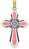 14k Yellow Gold 3-D with Pink and White Enamel Cross Pendant