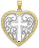 10k Yellow Gold w Rhodium-Plating Cut-Out Beaded Filigree Heart w Cross Pendant