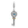 Sterling Silver w/14k Yellow Gold Blue Topaz Antiqued Key Lobster Clasp Charm