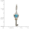 Sterling Silver w/14k Yellow Gold Blue Topaz Antiqued Key Lobster Clasp Charm
