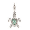 Rhodium-Plated Sterling Silver Green and Clear CZ Turtle w/ Lobster Clasp Charm