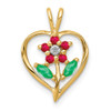 14k Yellow Gold w/ Ruby, Emerald and Diamond Flower In Heart Pendant