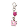 Sterling Silver 3-D Pink Enameled Potted Tulip Flower w/Lobster Clasp Charm