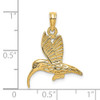 14k Yellow Gold Textured Hummingbird Flying Pendant