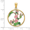 14k Yellow Gold w/ Enamel Hummingbirds and Flowers In Circle Pendant