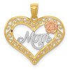 14k Yellow and Rose Gold w/Rhodium Diamond-cut Mom in Heart w/Rose Pendant