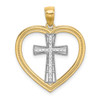 14k Yellow Gold and Rhodium Heart w/White Cross In Center Pendant