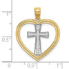 14k Yellow Gold and Rhodium Heart w/White Cross In Center Pendant