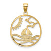 14k Yellow Gold Rhodium Sun, Sailboat, Water and Seagulls In Round Frame Pendant