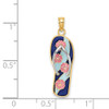 14k Yellow Gold Rhodium 3D Enamel Pink Flowers On Blue Stripes Flip-Flop Pendant