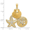 14k Yellow Gold Rhodium Shiny-Cut Scallop, Starfish &Sand Dollar Cluster Pendant