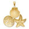 14k Yellow Gold Rhodium Shiny-Cut Scallop, Starfish &Sand Dollar Cluster Pendant