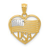 14k Yellow Gold and Rhodium Polished American Flag and USA In Heart Pendant