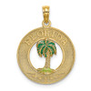 14k Yellow Gold Florida Round Frame w/Green Enamel Palm Tree Pendant