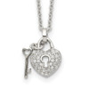 Sterling Silver Polished CZ Heart Lock and Key w/2in. ext. Necklace
