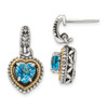 Sterling Silver w/14k Yellow Gold Antiqued Blue Topaz Heart Post Dangle Earrings