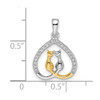 Sterling Silver Rhodium-plated & Gold-plated CZ Heart w/Two Cats Pendant