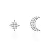 Sterling Silver Rhodium Plated CZ Moon and Star Stud Earrings