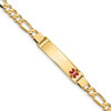 8" 14k Yellow Gold Medical Red Enamel Flat Figaro Link ID Bracelet with Free Engraving