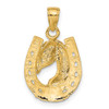 10K Yellow Gold Solid Polished Horse Head in Horseshoe Pendant