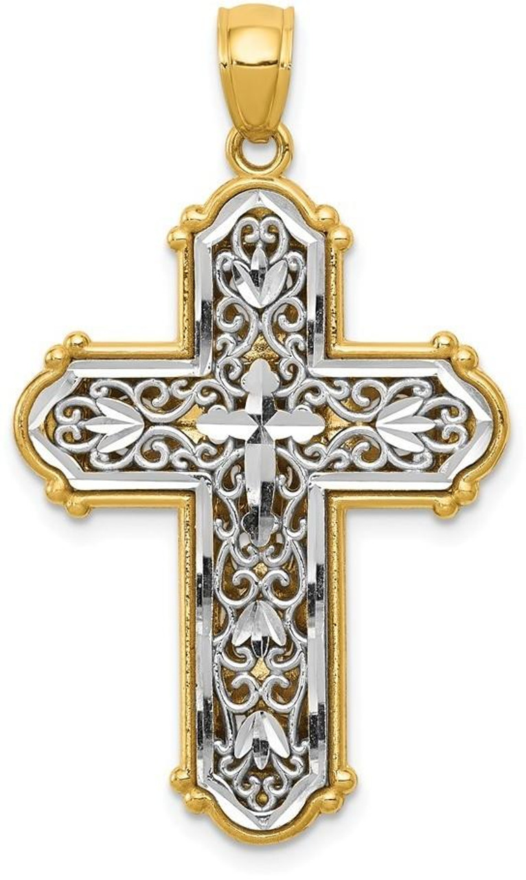 14k Yellow Gold and Rhodium Reversible Diamond-Cut Filigree Cross