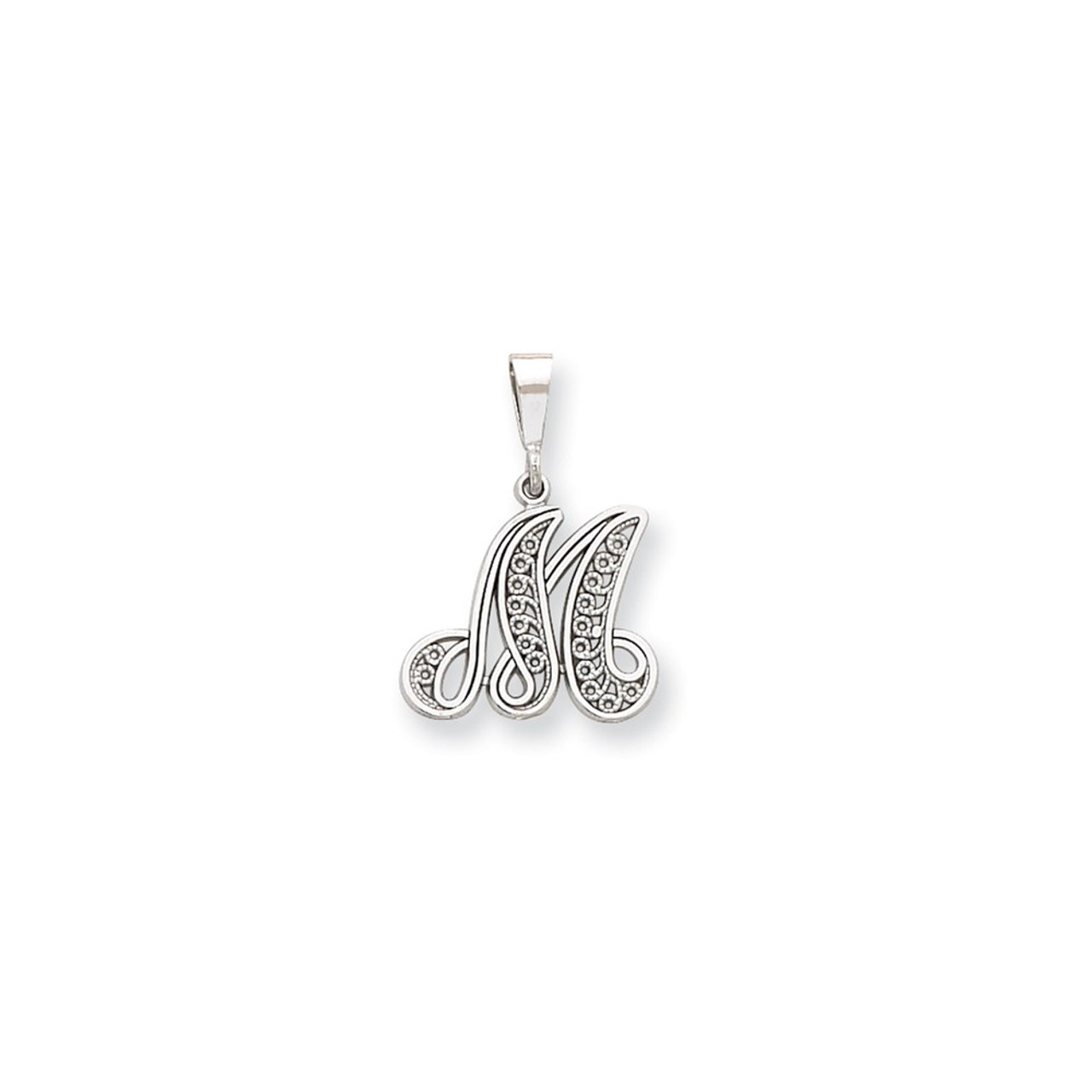 14K White Gold Solid Polished Filigree Initial M Pendant