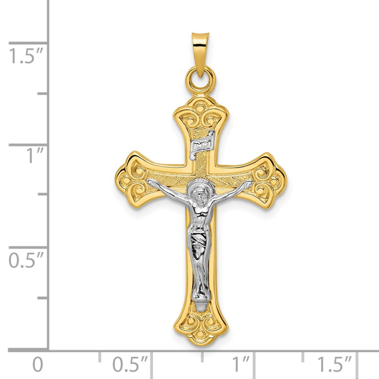 14k Two-tone Gold Polished Solid INRI Fleur de Lis Crucifix