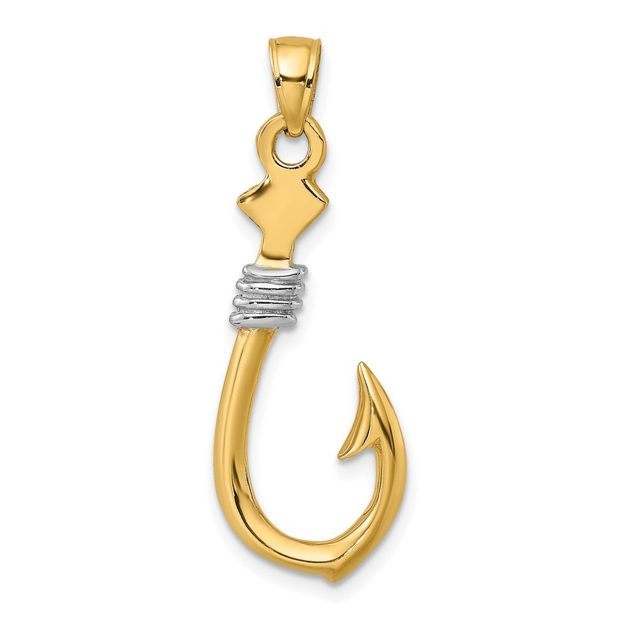 10K Yellow Gold w/Rhodium-plating 3-D Fish Hook With Rope Charm