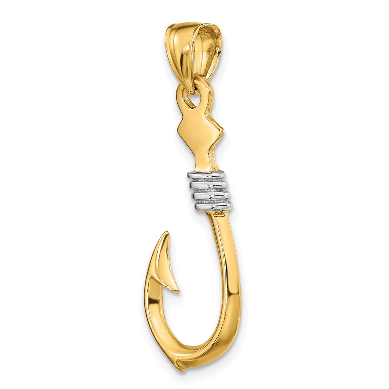 10K Yellow Gold w/Rhodium-plating 3-D Fish Hook With Rope Charm