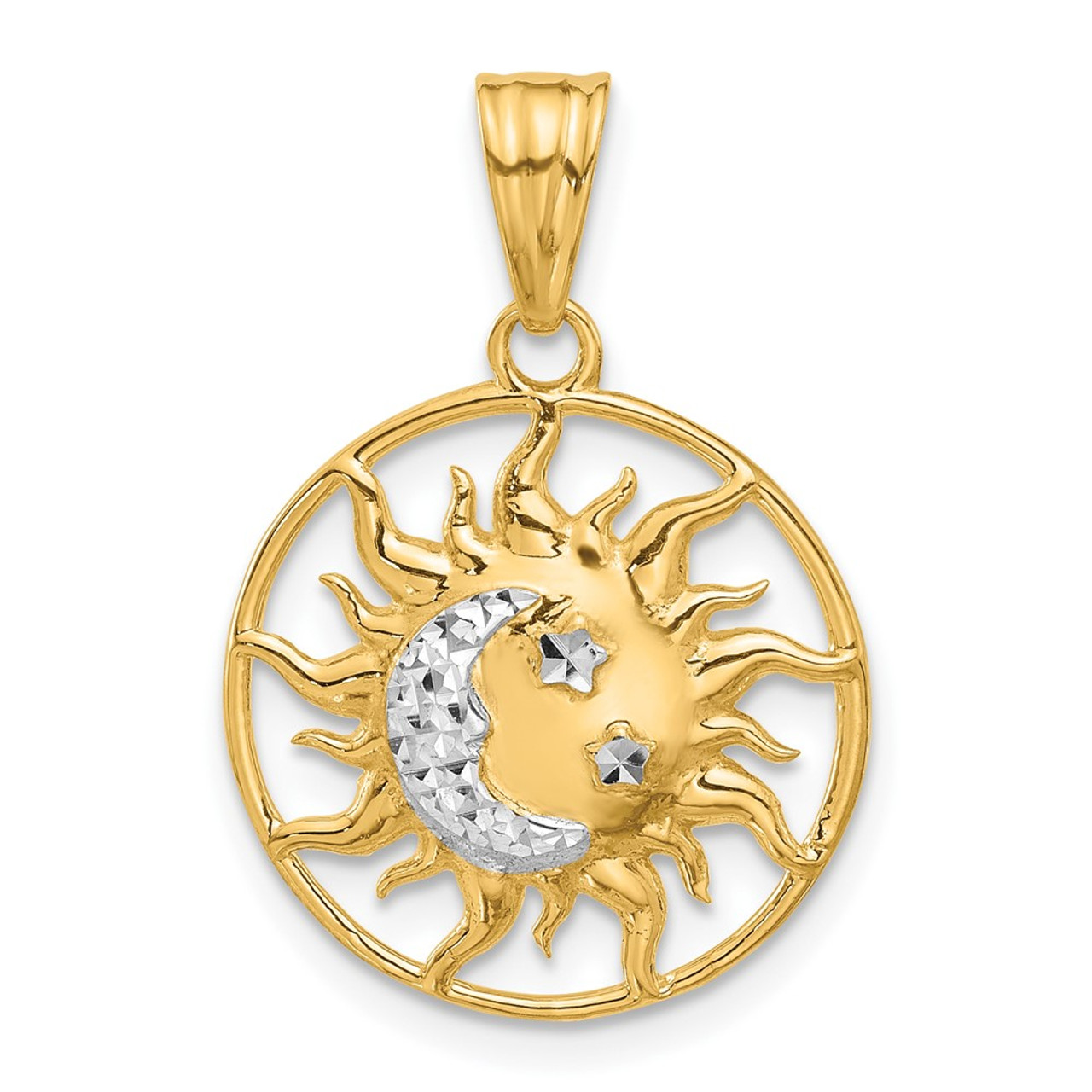 14K Yellow Gold and White Rhodium-plating Diamond-cut Sun Moon Stars Pendant