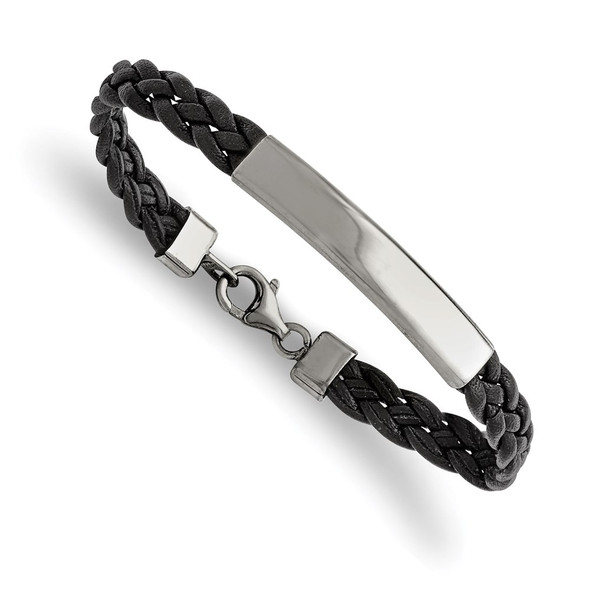 8" Stainless Steel Polished Leather ID Bracelet