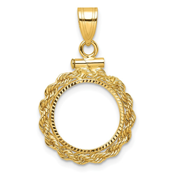 10k Yellow Gold Polished Rope and Diamond-cut 13.0mm x 1.1mm Screw Top Coin Bezel Pendant